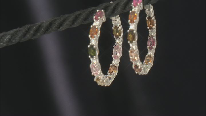 Multicolor Tourmaline Rhodium Over Sterling Silver Hoop Earrings 3.91ctw Video Thumbnail